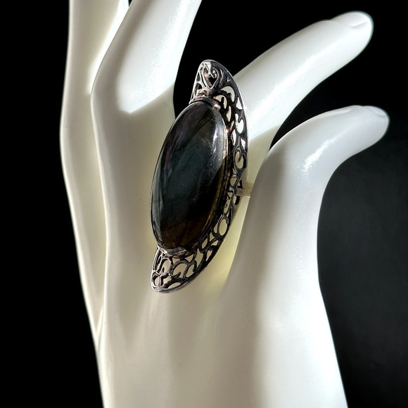 925 Sterling Silver Vintage HUGE Tall Labradorite Large Gemstone Ring Size 6.75 - Picture 5 of 14